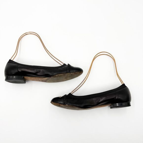 Chanel CC Cap Toe Ballet Flats Black Leather EU 37 US 6-6.5 - Picture 8 of 15